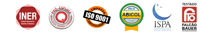Selos de Certificação: INER, Pró-Espuma, ISO 9001, Abicol, ISPA e Falcão Bauer